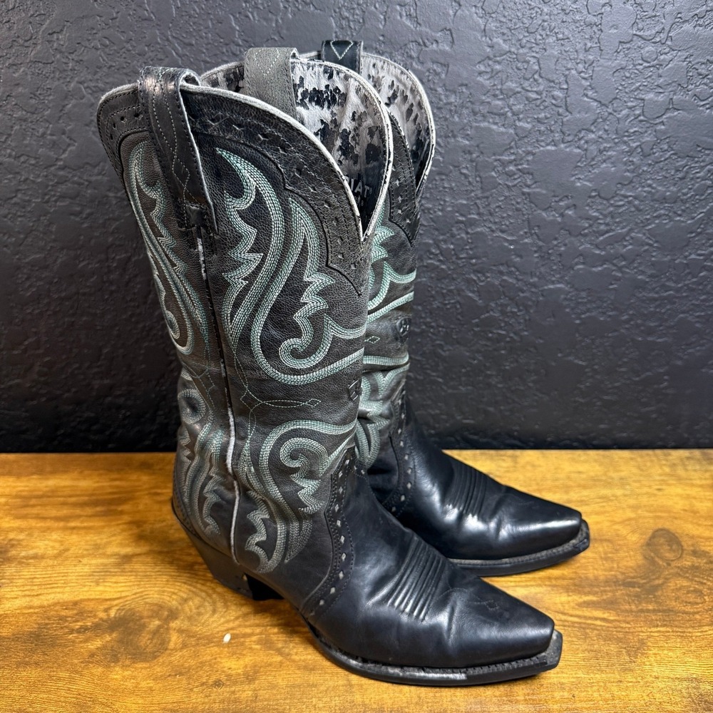 Ariat Style 10005814 Black Leather Teal Embroidered Western Boots Womens 6B
